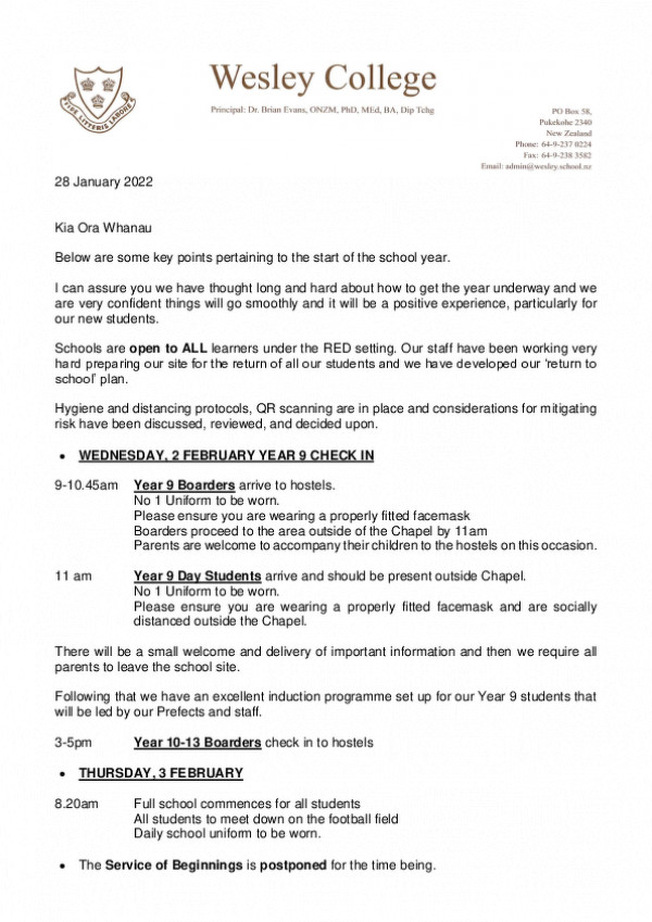Principal's Update For Families   28 January 2022