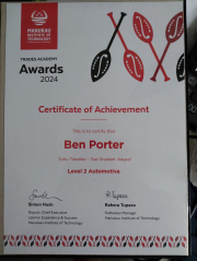 (MIT) Trades Academy, Level 2 Automotive Course, Top Student Award - Ben Porter