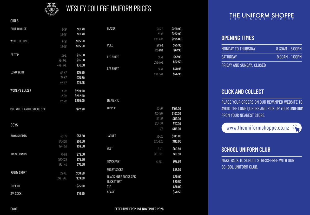 Wesley College Uniform Prices